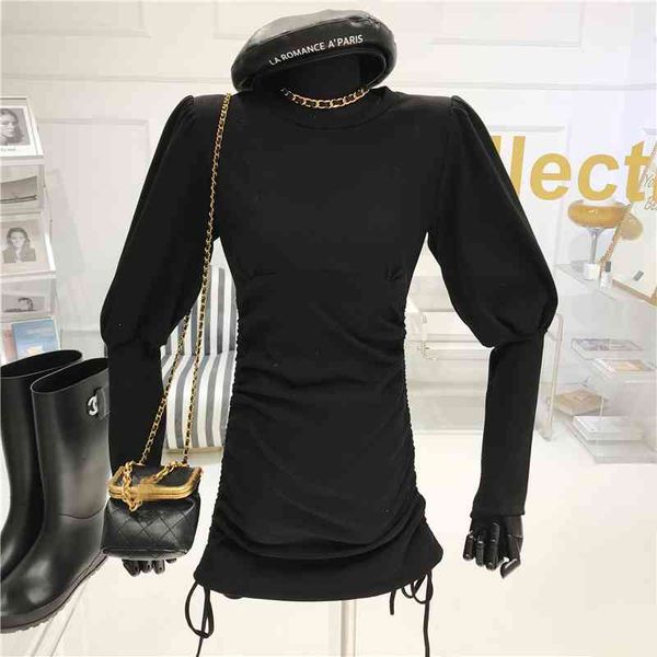 

feeling plied of female cord spring 2021 niche design pullover around the gray neck guard waist dress, Black;gray