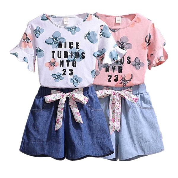 

girls clothes set summer flower shirt +jean short pants 2 pcs girl clothing set for girls teen kids clothes 8 10 12 14 year x0902, White