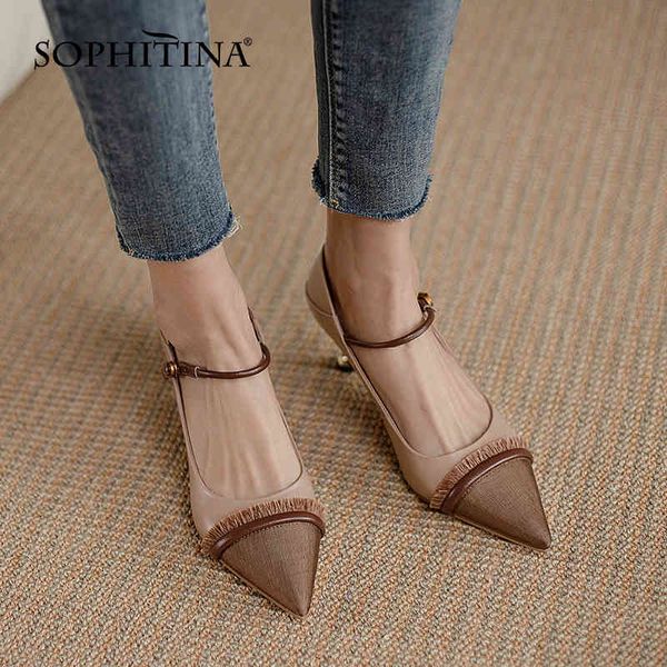

sophitina women pumps fashion mary jane genuine leather shoes thin heels tpr two kinds of wear buckle strap ladies shoes ao11 210513, Black