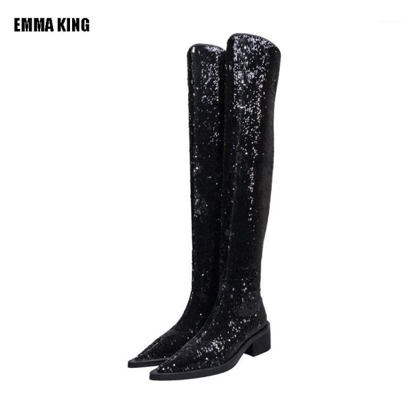 

boots women fashion winter over the knee lady square high heel black blingbling flake long pointed toe shoes1