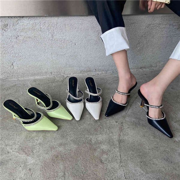 

sandals pointed toe women slippers thin high heels slip on summer solid color casual slides party pumps green glp7, Black