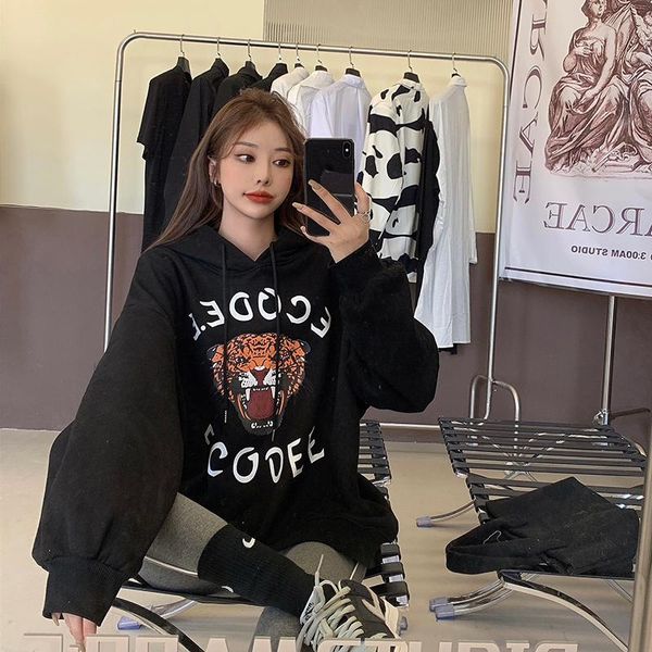 

women's hoodies & sweatshirts autumn and winter cartoon tiger print hooded sweatshirt loose padded long-sleeved hoodie college style, Black