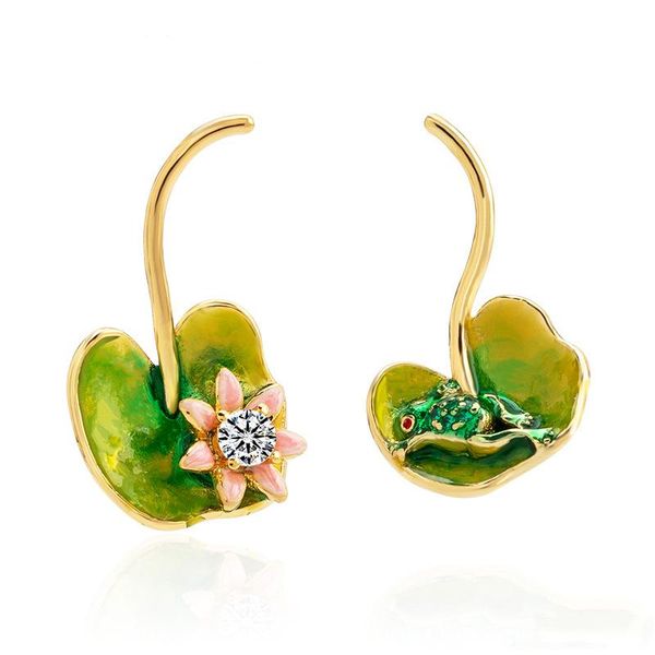 

stud three-dimensional design small lotus leaf earrings fairy girl literary forest earring hand-painted enamel glaze shape, Golden;silver