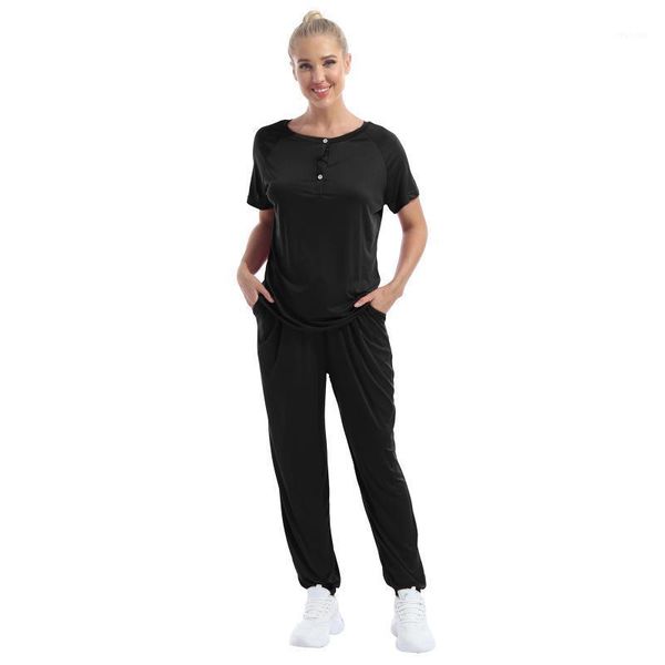 

yoga outfit women pure color casual suit short sleeves t-shirt with drawstring pants set for female sport workout daily leisure wear