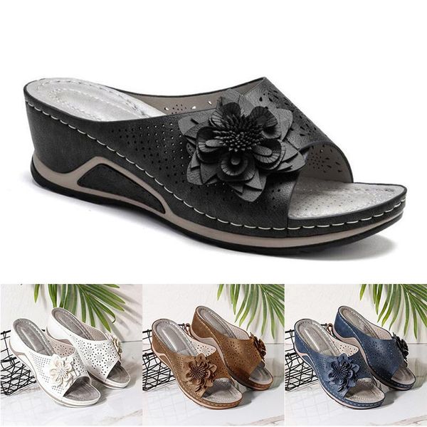 

sandals shoes for women 2021 pu leather soft footbed orthopedic arch-support hollow wedge flower summer supply, Black