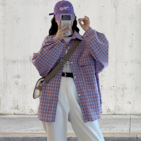 

women's blouses & shirts female plaid shirt with long sleeves, korean-style printed shirt, purple casual clothes for spring 3pfc, White