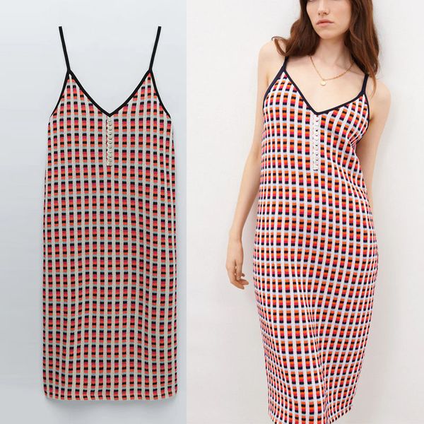 

dresses za summer red jacquard women sleeveless spaghetti straps plaid sun woman fashion knit party es, Black;gray