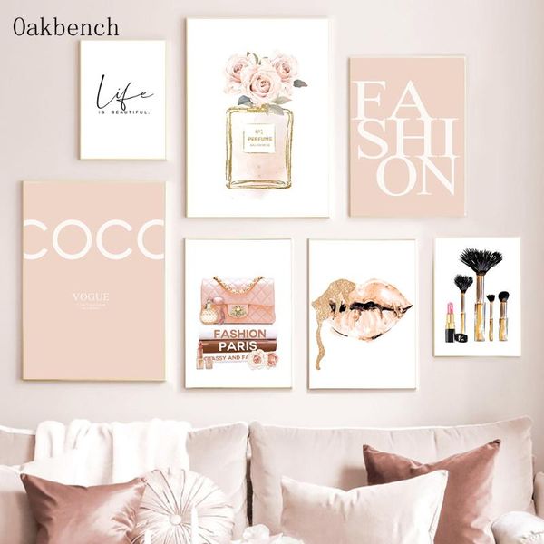 

paintings fashion girl poster makeup wall art print perfume bottle canvas painting lips prints peony posters vogue picture home decor