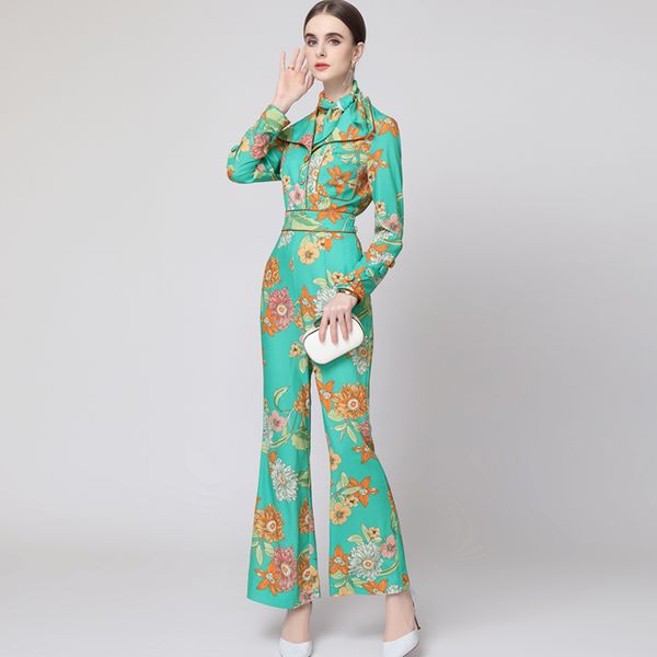 

women's runway jumpsuits& rompers turn down collar long sleeves printed floral fashion full pants, Black;white
