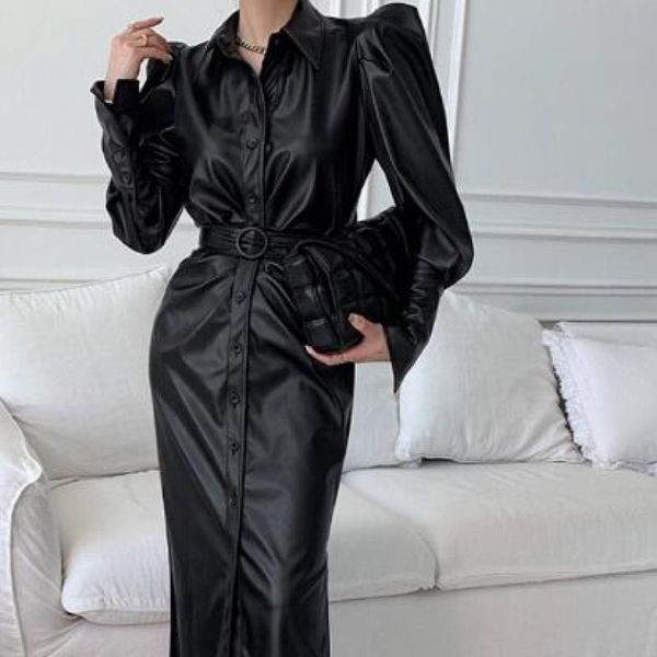 

casual dresses autumn women korean fashion slim belt shoulder pads party dress blousas elegant split puff sleeve pu leather black, Black;gray