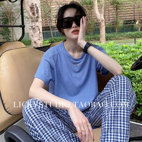 

women's t-shirt t-shirts women short sleeve korean style loose all-match striped ladies leisure high elasticity comfortable trendy dail, White