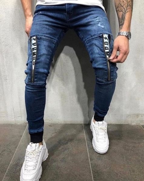 

men's jeans men stretchy multi-pocket ny pocket zipper pencil pants fashion casual trousers hip hop sweatpants drop, Blue