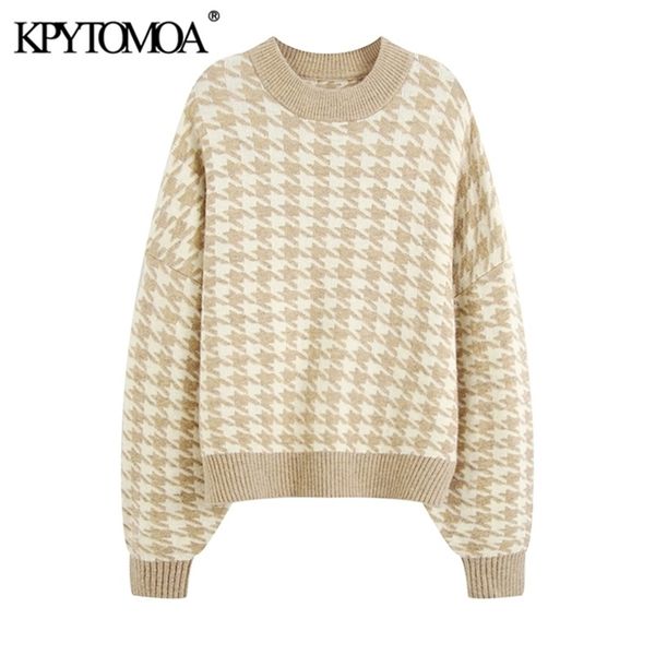 

kpytomoa women fashion oversized jumper houndstooth knitted sweaters vintage long sleeve loose female pullovers chic 210810, White;black