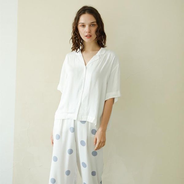 

summer womens sleepwears casual 100% viscose white short sleeve pajama sets silk blue dot ankle length pants loose comfortable sleepwear, Black;red