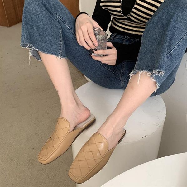 

slippers bailehou 2021 summer women mules slipper british spring square toe casual flat sides shoes lozenge sandals, Black