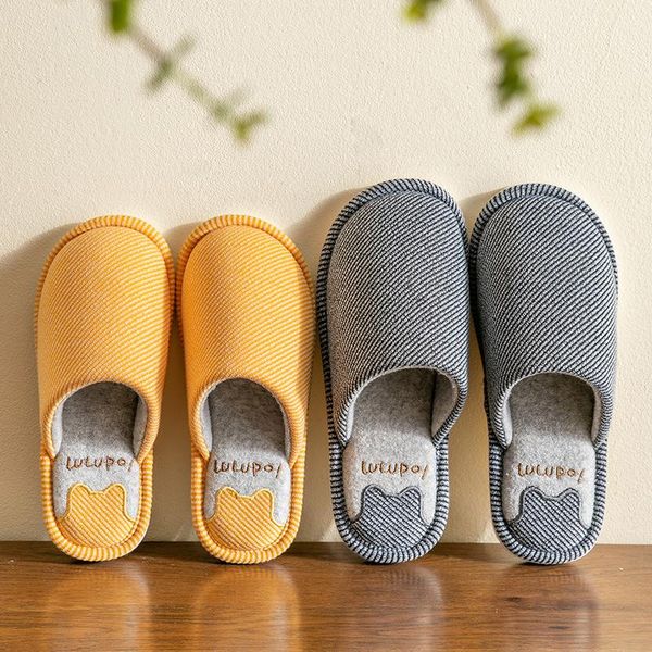 

men and women couple spring autumn home cotton fabric slippers female stripe pattern cute indoor non-slip soft plush slipper, Black