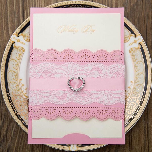 

greeting cards white pink elegant rhinestone love wedding invitation laser cut lace invitations card supplies 50pcs/pack
