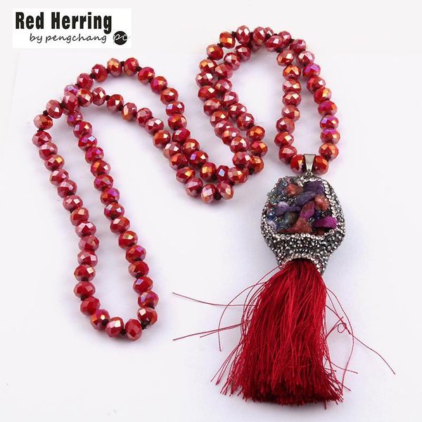 

pendant necklaces fashion bohemian tribal jewelry long crystal glass knotted natural druzy & tassel for women ethnic necklace, Silver