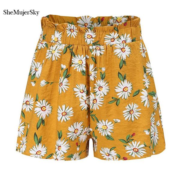 

shemujersky women yellow shorts daisy print elastic band waist short pant 2021 summer womens pants women's, White;black