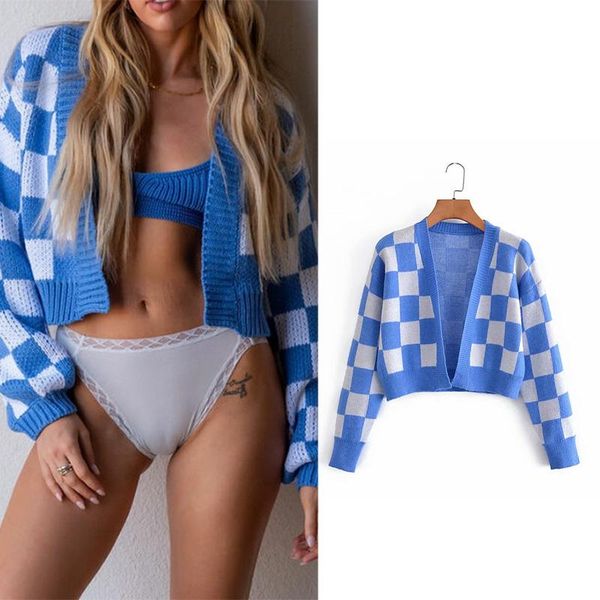 

women's knits & tees autumn college zar sweater check color contrast v-neck knitted cardigan coat 2021 long-sleeved fashion jacket l101, White