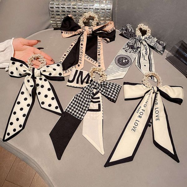 

scarf summer pearl headband ribbon silk hair rope hair loop leather women's binding, Blue;gray