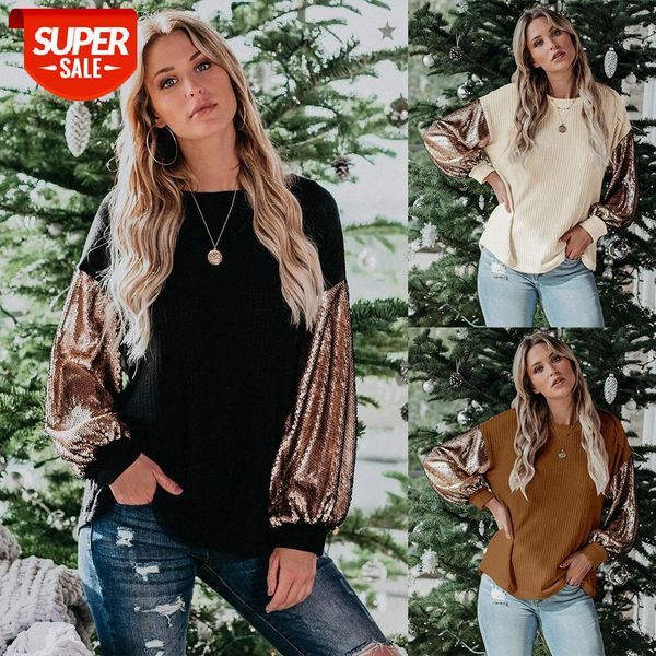 

[in stock]autumn and winter fashion sequins contrast stitching loose knit sweater all-match t-shirt women #ax4e, White