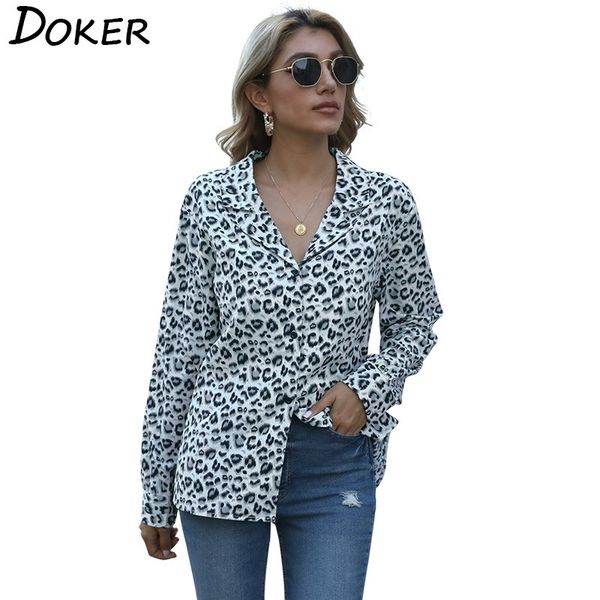 

leopard print chiffon blouse womens fashion turn-down collar long sleeve elegant office shirts female plus size and blouses 210423, White