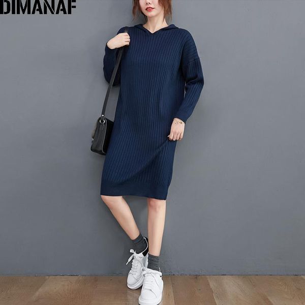 

casual dresses dimanaf autumn winter plus size women sweater dress thick cotton knitted lady vestidos hooded long sleeve solid striped, Black;gray