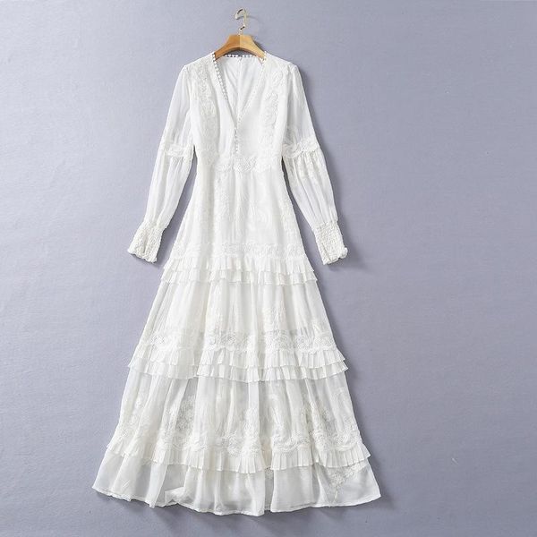 

european and american women's clothing 2021 spring long sleeve v-neck lace embroidery fashionable flounces dress casual dresses, Black;gray