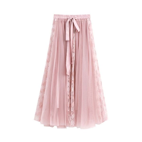 

spring retro lace elastic high waist was thin simple pink all-match elegant women a-line mesh long skirt 210527, Black