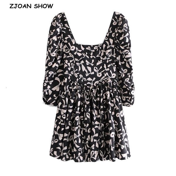 

casual dresses 2021 spring women square neck bow print short dress ladies long puff sleeve back elastic ruched backless soyf, Black;gray