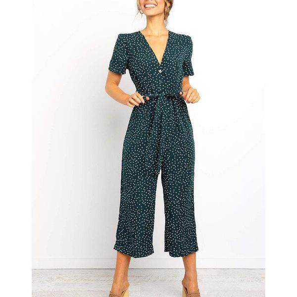

women's jumpsuits & rompers spring summer v-neck long jumpsuit women vintage short sleeve polka dot straight fashion wide leg casual, Black;white