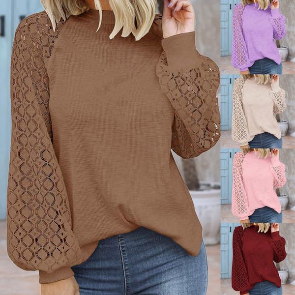 

women's t-shirt lady's long sleeve round neck pullover casual loose lace shirt t-shirt, woman 2021, blusa feminina, White