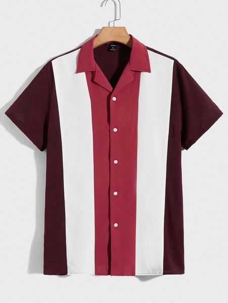 

men colorblock lapel neck shirt j4h4#, White;black