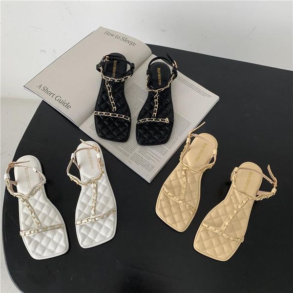 

sandals women chain flat heel ankle strap chains gingham shoes, Black