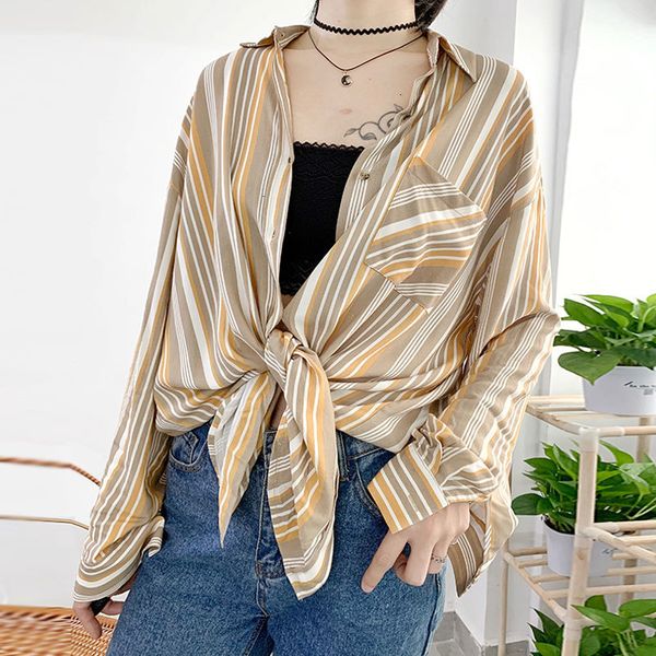 

women's suits & blazers suit 100% rayon blouse women vertical striped long sleeve loose turn-down collar shirt with p 49zg, White;black