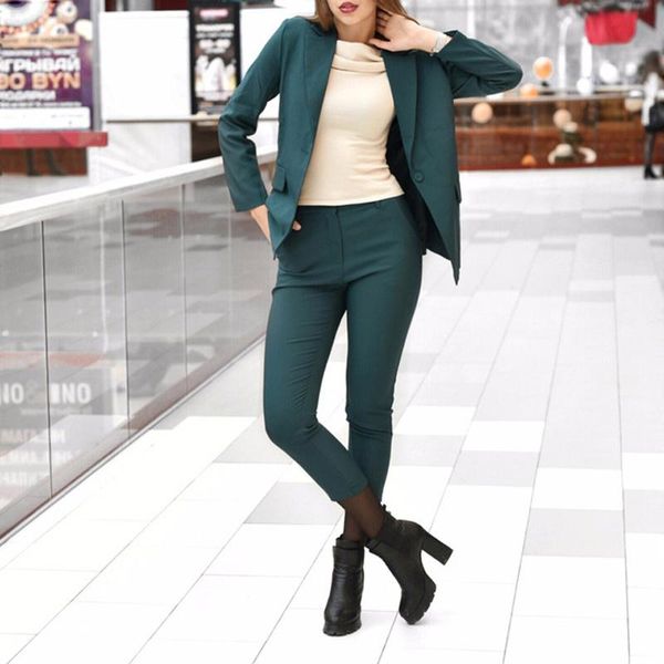 

women's two piece pants wenfly women business suits sets single button blazer notched jacket elastic waist pencil office female, White
