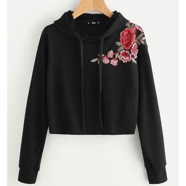 

women's jackets women fashion floral black loose embroidery rose design hooded sweatshirt long sleeve hoody coats moletom feminino, Black;brown