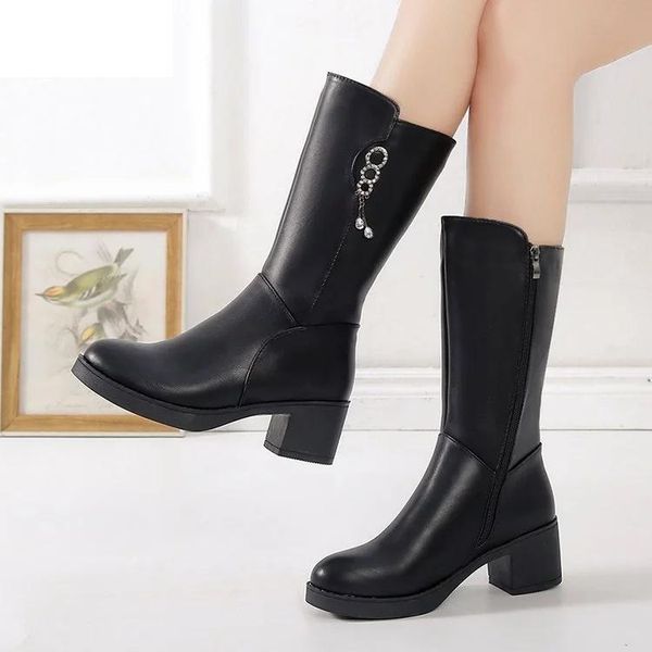 

boots womens retro buckle leather handmade pu mid-calf booties women high cowboy fashion femmes botas mujer, Black