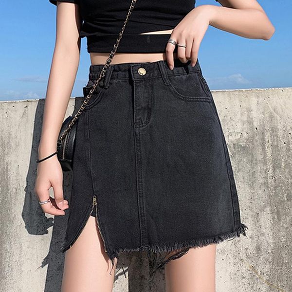 

skirts zoki summer women denim skirt plus size tassel black zipper a line jeans high waist cotton pocket female mini