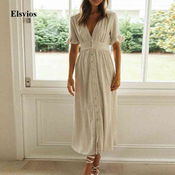 

casual dresses fashion solid women cotton linen spring v neck button long 2021 summer short sleeve ruffle party vestidos 5fhw, Black;gray