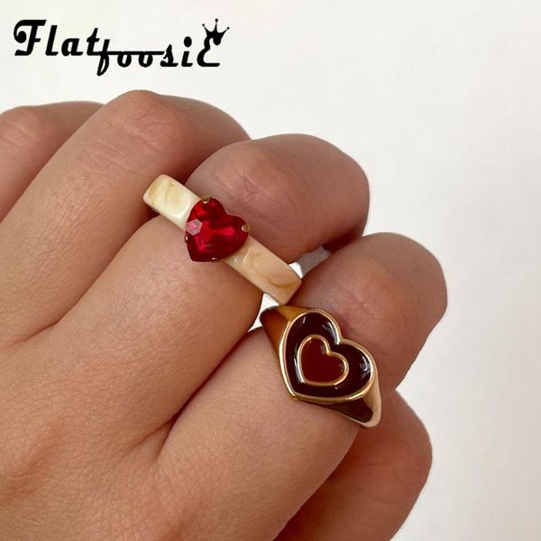 

wedding rings flatfoosie 2pcs/set korean trendy heart enamel set for women colorful resin love crystal couple jewelry gift, Slivery;golden