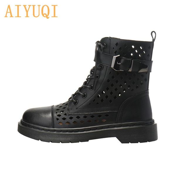 

sandals aiyuqi women mesh genuine leather latest summer british style mid-heel hole fashion shoes, Black