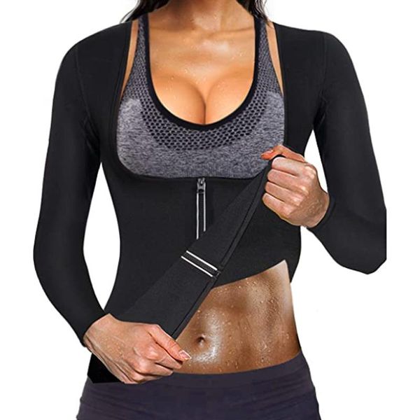 

women's shapers women waist trainer neoprene shirt sauna suit sweat body shaper jacket zipper long sleeve reducing woman, Black;white