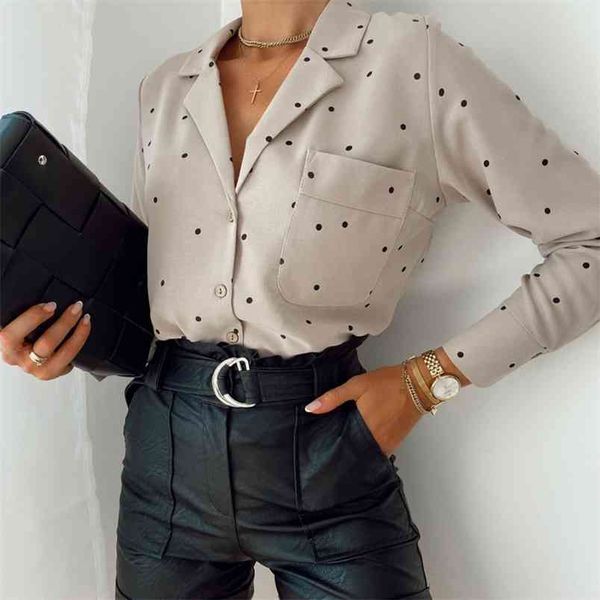 

casual polka dot women's shirt long sleeve turn-down collar solid office lady fashion elegant pocket streetwear blouse 210831, White