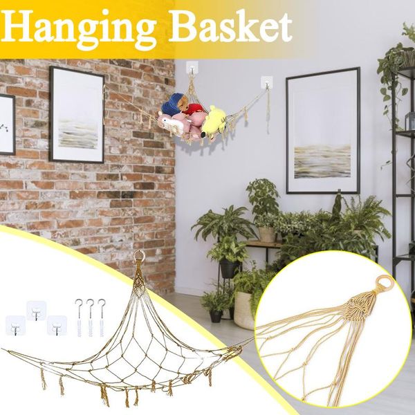 

storage bags stuffed animal jumbo toy hammock-home household cotton rope hand-woven children's net bag for room (white)