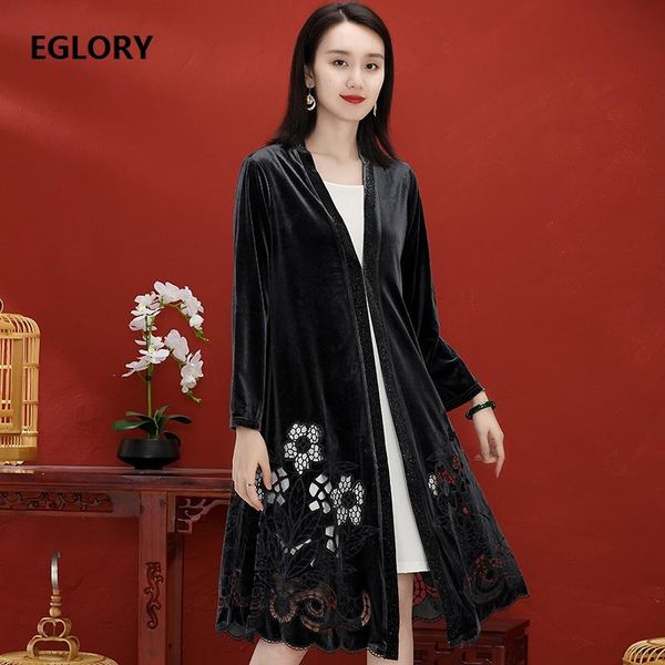 

casacos feminino 2021 autumn winter long cardigan jackets women hollow out embroidery crystal beading deco vintage coats outwear women', Black;brown