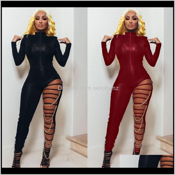 

& rompers womens clothing apparel drop delivery 2021 adfvat party club hollow women jumpsuits long sleeve zipper up skinny romper chain, Black;white