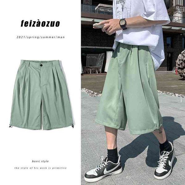 

men's pants summer cropped fashion solid color casual men streetwear korean loose straight wide leg mens m-3xl 7ttr, Black