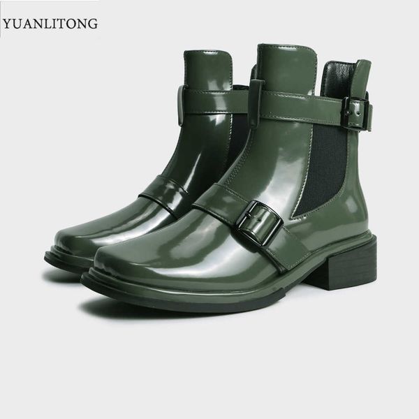 

2021 winter yuanlitong middle tube square head thick heel bottom belt buckle elastic boots women chelsea fashion, Black